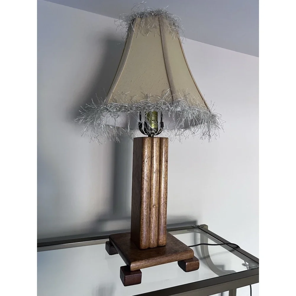 Vintage Wooden Table Lamp with Fabric Shade and Fringe Trim Mid Century Style